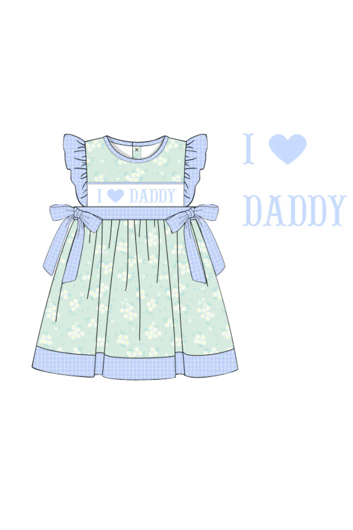 Smocked I Love Daddy Blue and Green Floral Dress - Image 2
