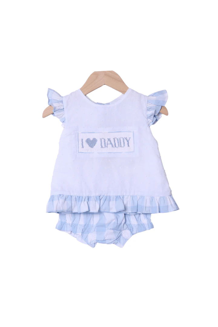 Smocked I Love Daddy Blue Gingham White Swiss Dot Bloomer Set