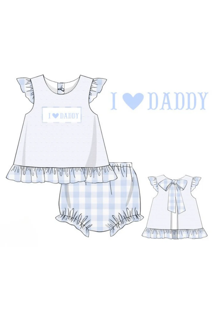 Smocked I Love Daddy Blue Gingham White Swiss Dot Bloomer Set - Image 3
