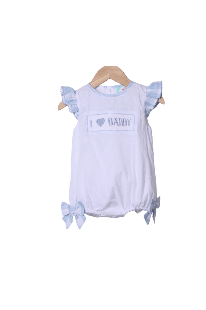 Smocked I Love Daddy Blue Buffalo Check White Swiss Dot Bubble
