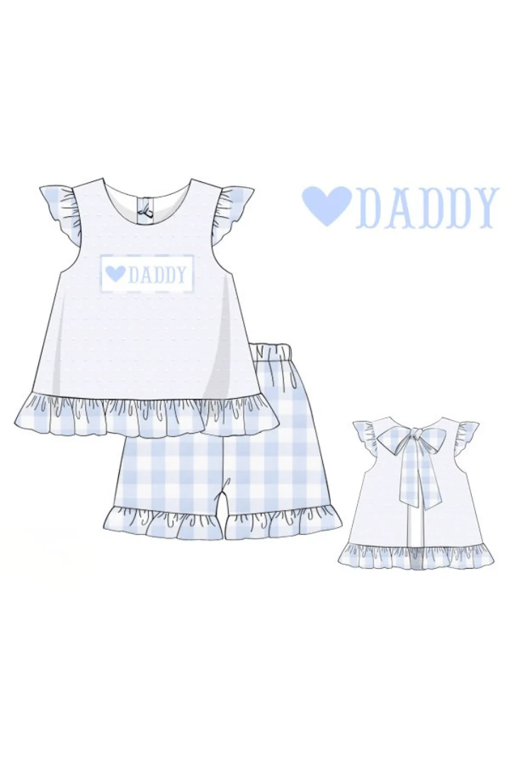 Smocked I Love Daddy Blue Gingham White Swiss Dot Short Set - Image 3
