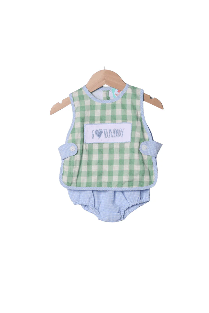 Smocked I Love Daddy Blue/Mint Linen Apron Set