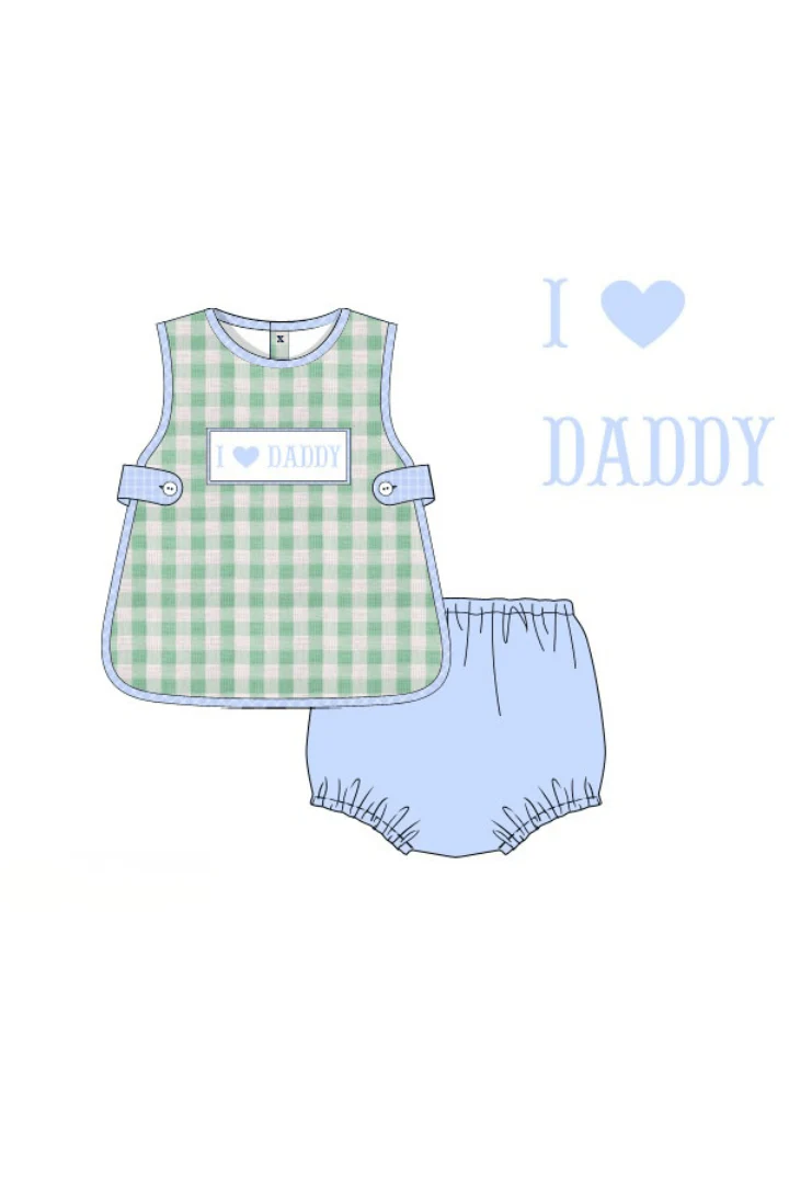 Smocked I Love Daddy Blue/Mint Linen Apron Set - Image 2