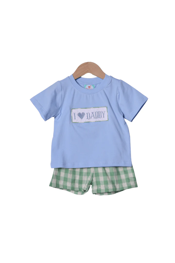 Smocked I Love Daddy Blue/Mint Linen Short Set