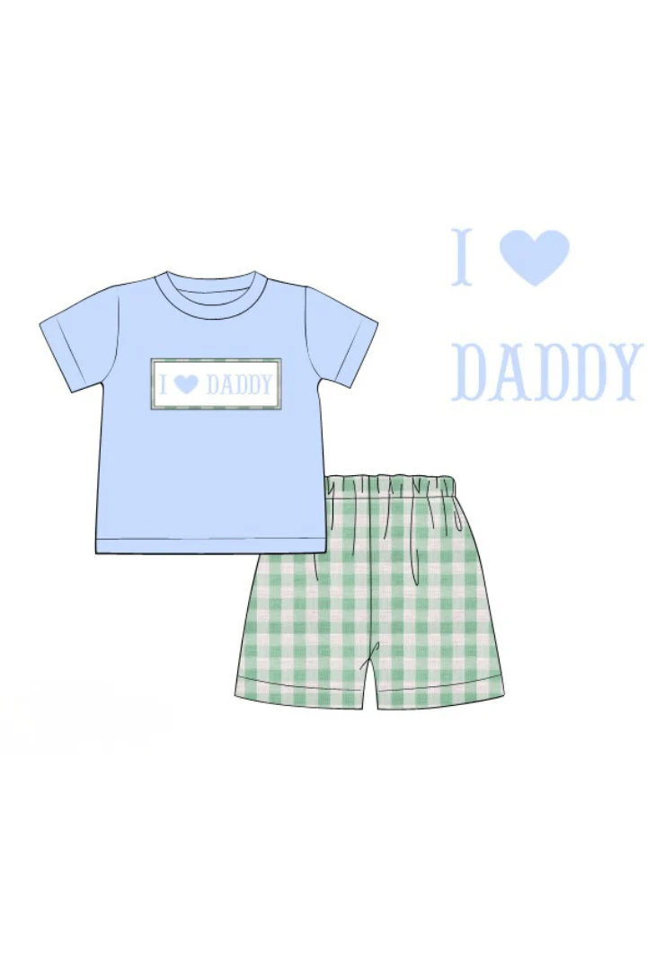 Smocked I Love Daddy Blue/Mint Linen Short Set - Image 2