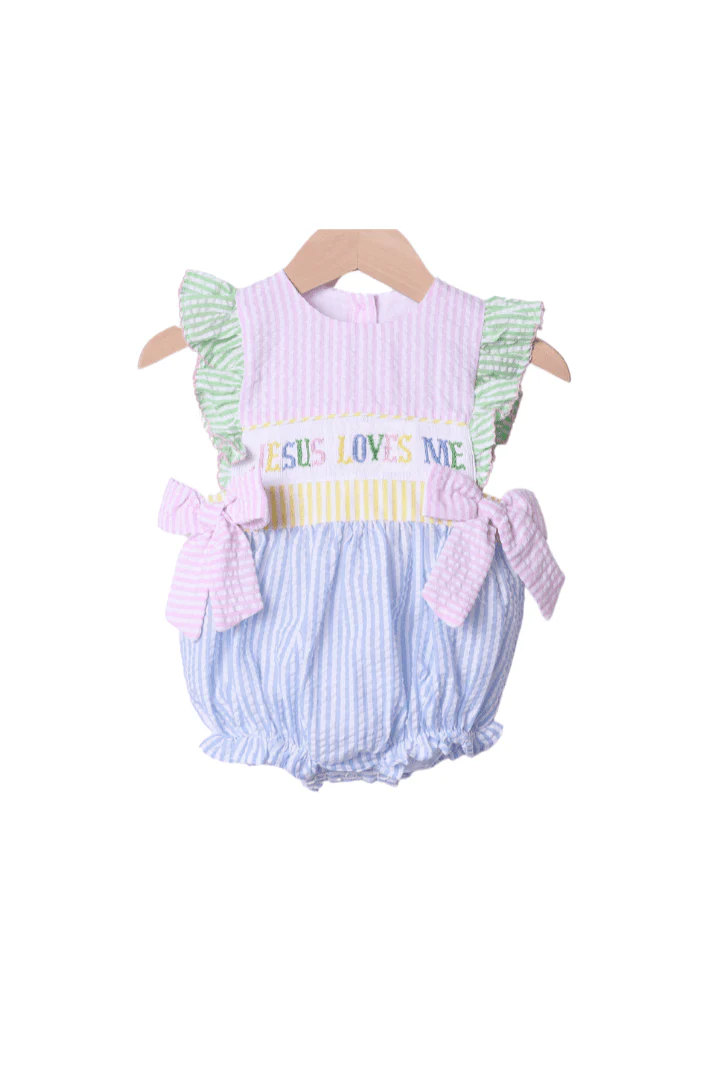 Smocked Jesus Loves Me Seersucker Colorblock Bubble