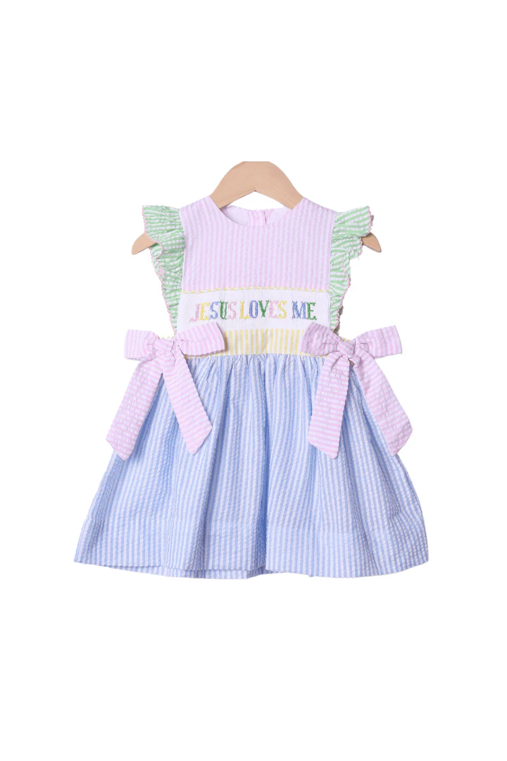 Smocked Jesus Loves Me Seersucker Colorblock Dress