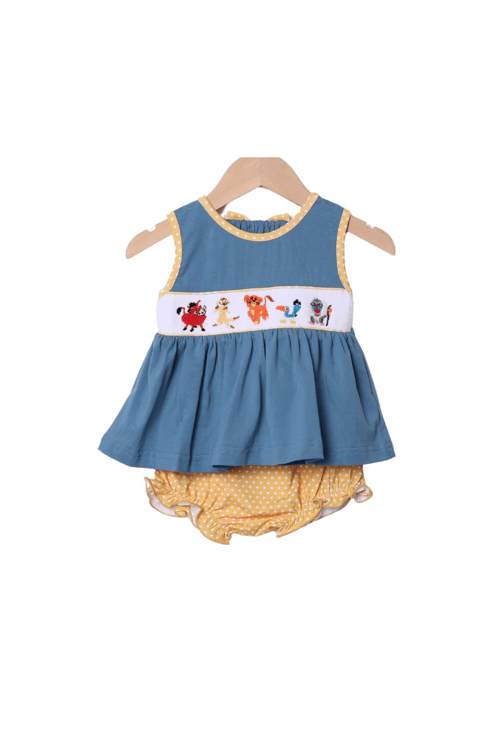 Smocked Lion and Friends Stone Blue Bloomer Set