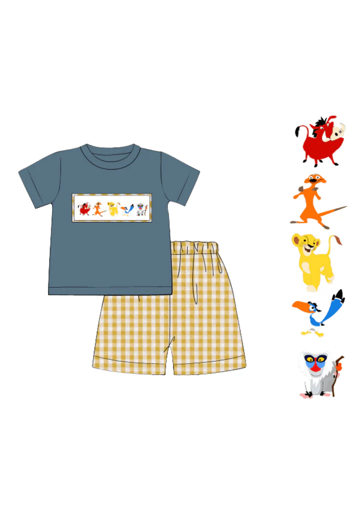 Smocked Lion Friends Blue Stone Yellow Seersucker Short Set - Image 2