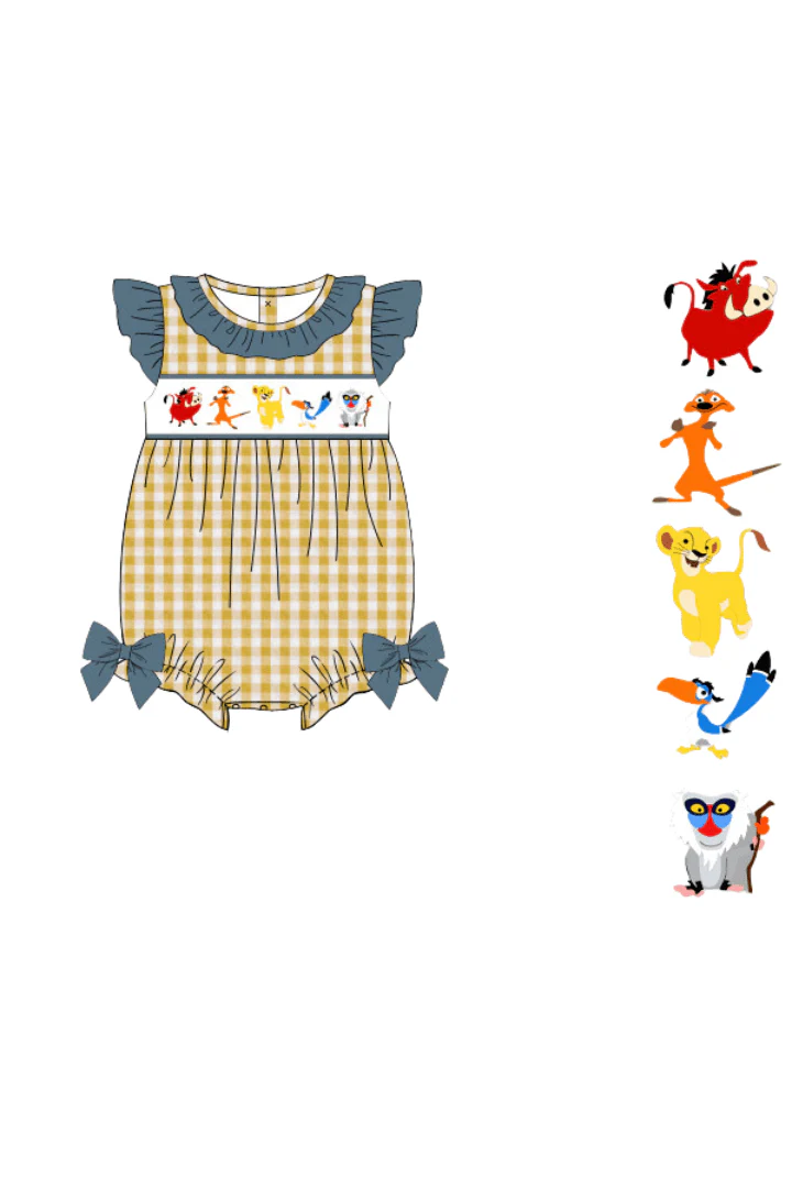 Smocked Lion Friends Stone and Yellow Seersucker Bow Bubble - Image 2