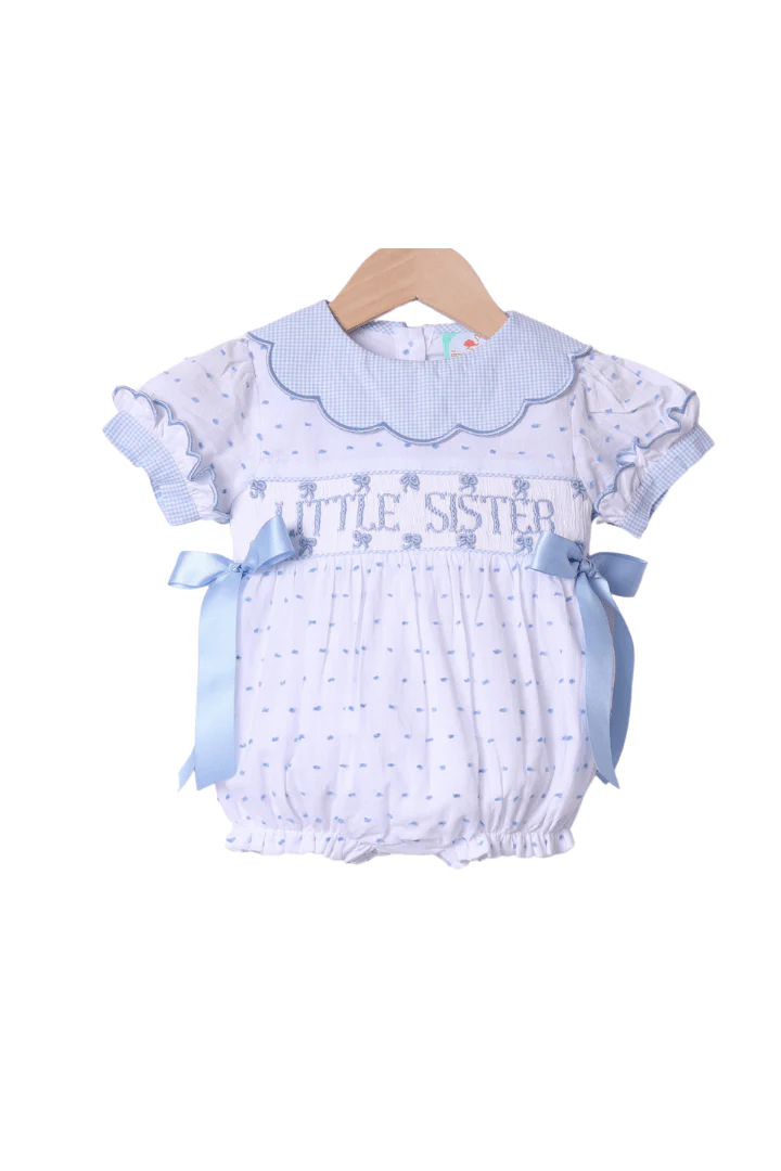 Smocked Little Sister Blue and White Swiss Dot Bow Bubble