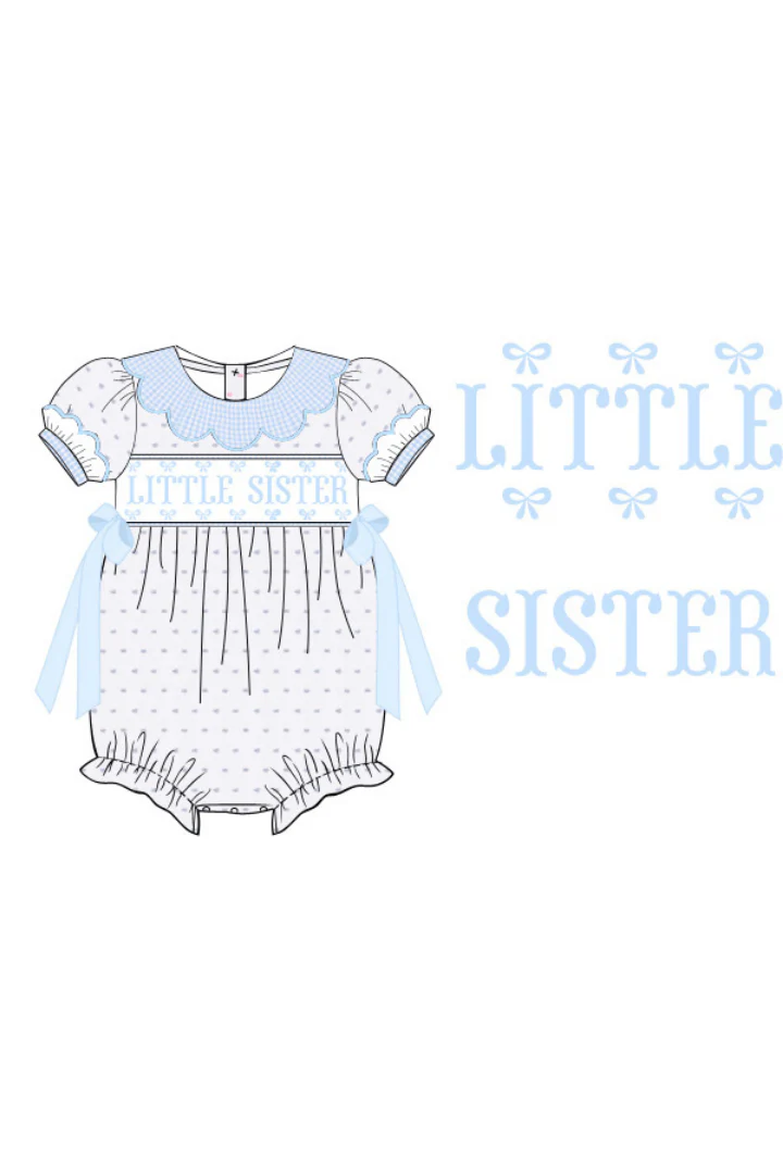 Smocked Little Sister Blue and White Swiss Dot Bow Bubble - Image 2