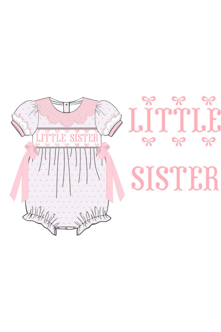 Smocked Little Sister Pink and White Swiss Dot Bow Bubble - Image 2