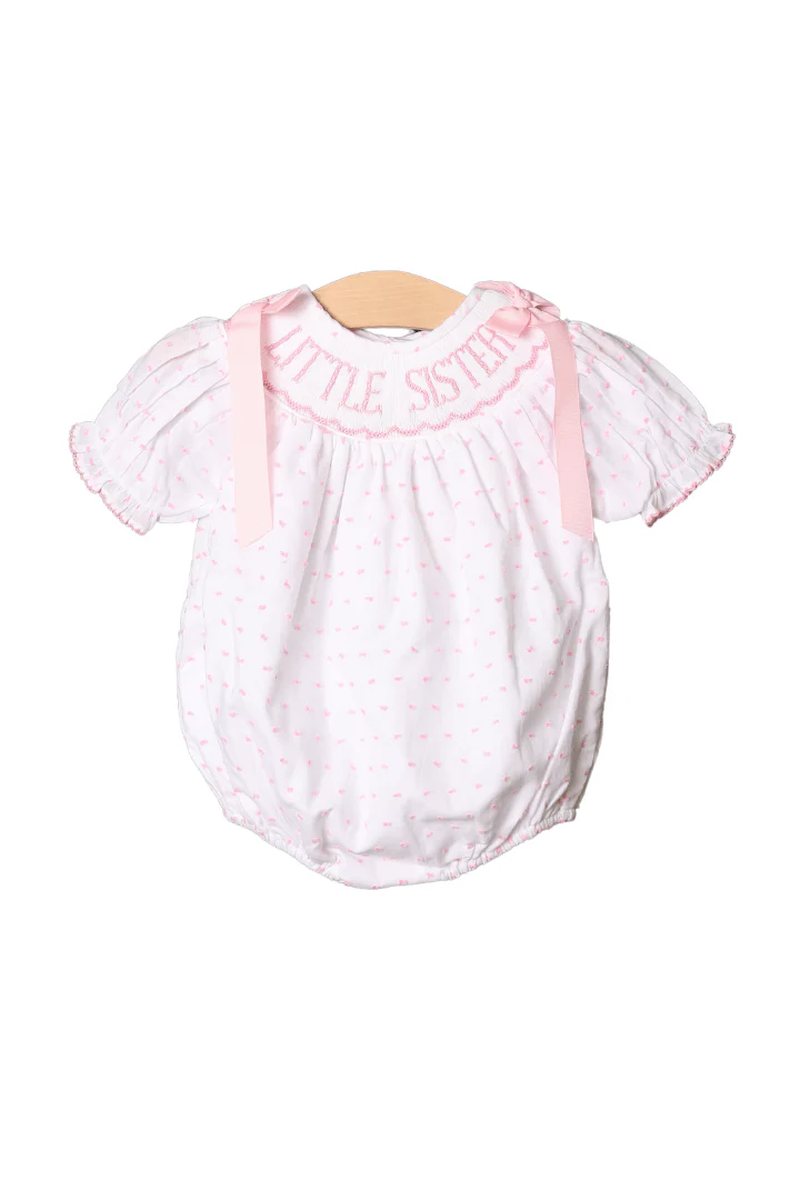 Smocked Little Sister Pink Swiss Dot Bubble