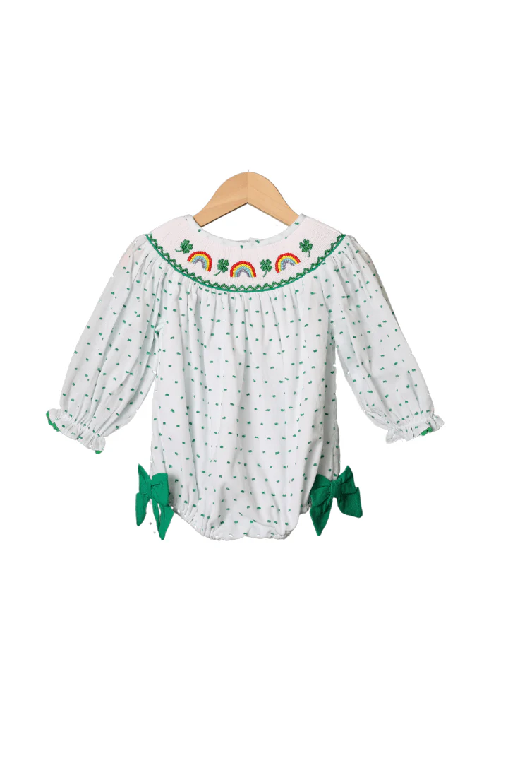 Smocked Lucky Rainbow Swiss Dot Scalloped Bubble