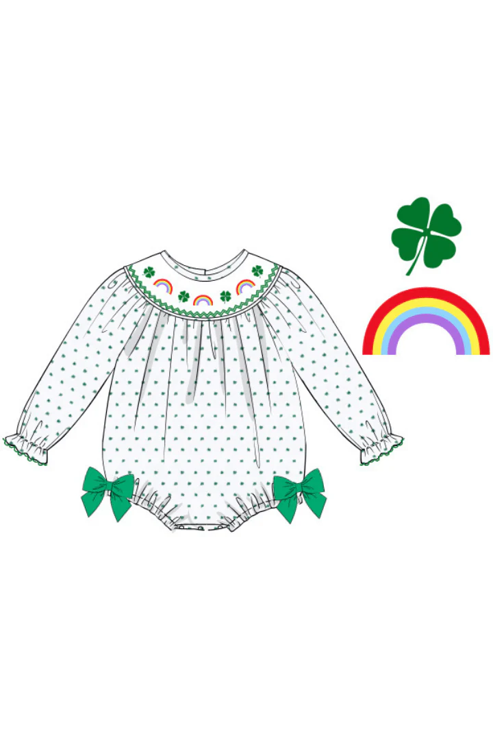 Smocked Lucky Rainbow Swiss Dot Scalloped Bubble - Image 2