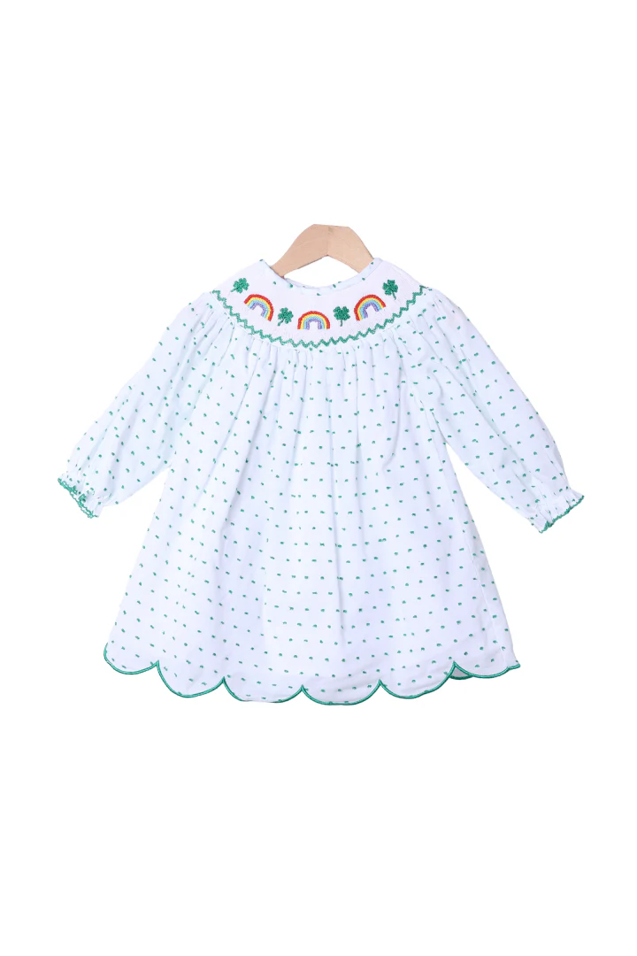 Smocked Lucky Rainbow Swiss Dot Scalloped Dress