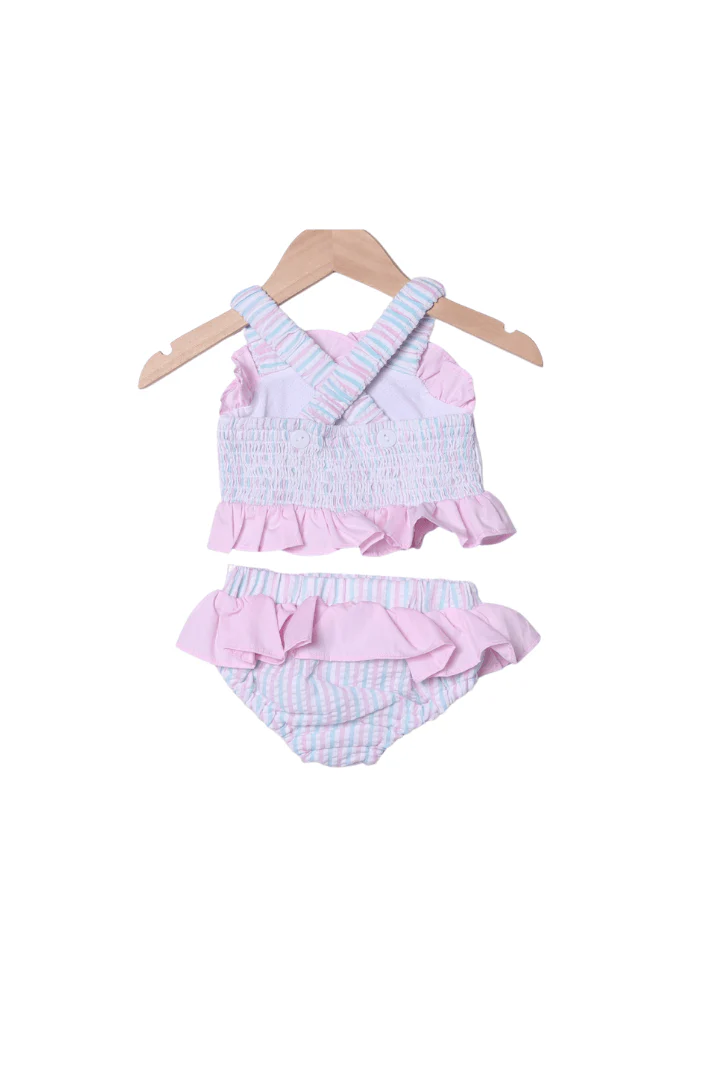 Smocked Mermaid Pink and Mint Seersucker 2 pc Swimsuit - Image 2