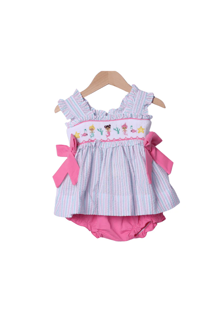 Smocked Mermaid Pink and Mint Seersucker Bloomer Set