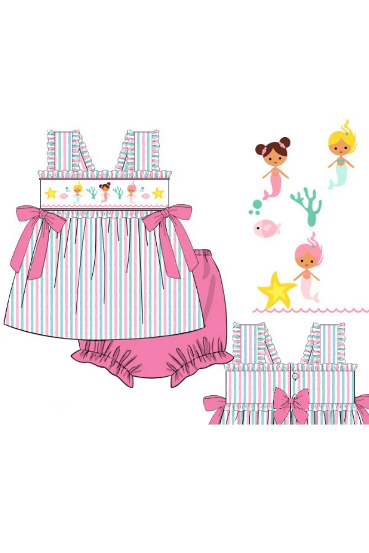 Smocked Mermaid Pink and Mint Seersucker Bloomer Set - Image 2