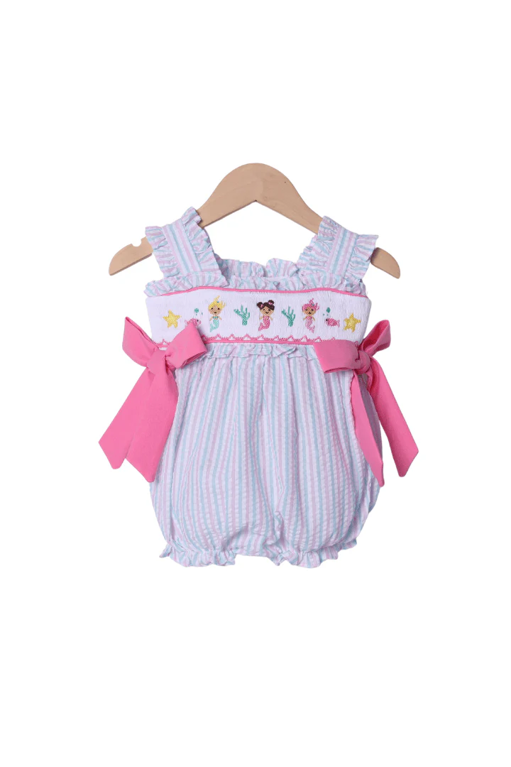 Smocked Mermaid Pink and Mint Seersucker Bubble