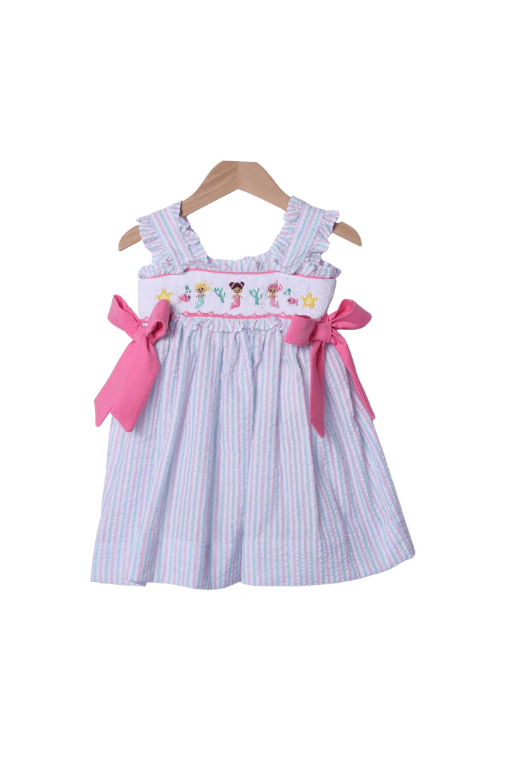 Smocked Mermaid Pink and Mint Seersucker Dress