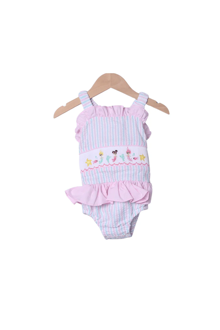 Smocked Mermaid Pink and Mint Seersucker Swimsuit
