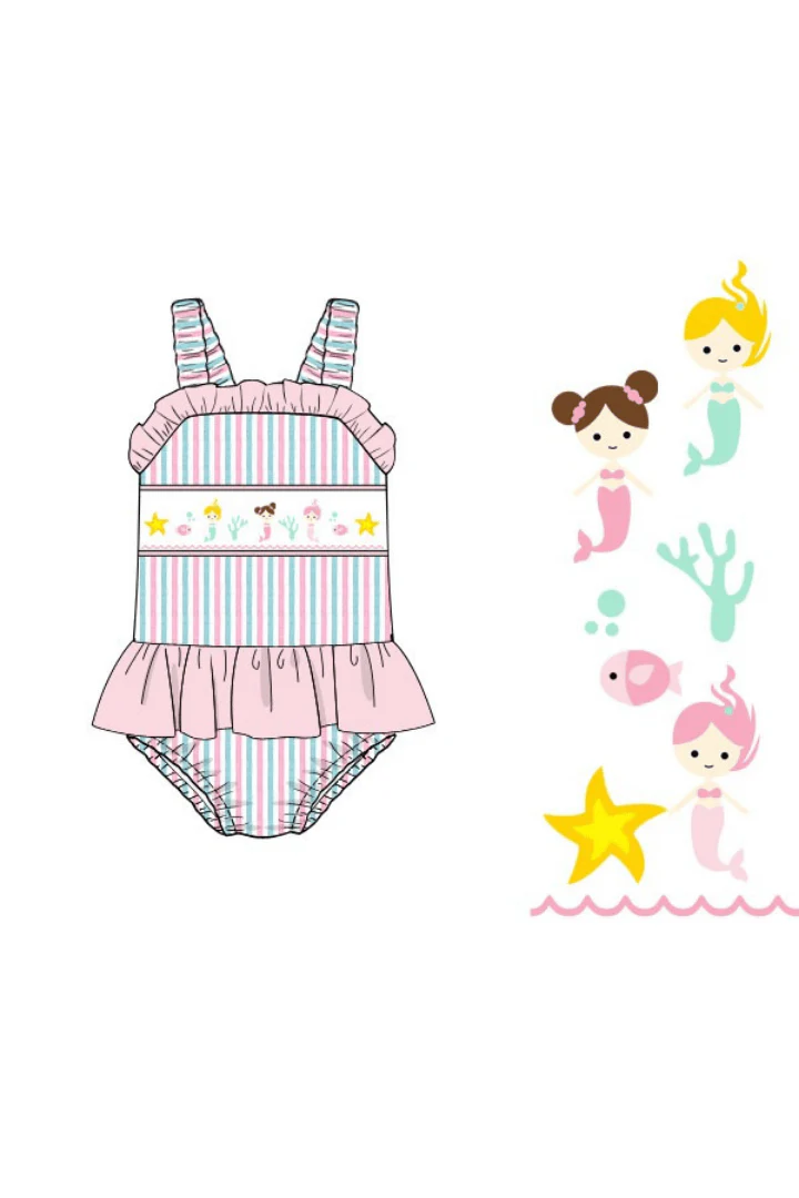Smocked Mermaid Pink and Mint Seersucker Swimsuit - Image 2