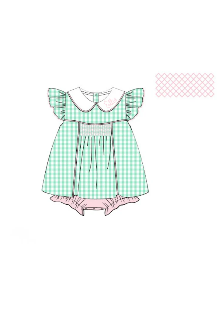 Smocked Mint Gingham Skirted Bubble - Image 2