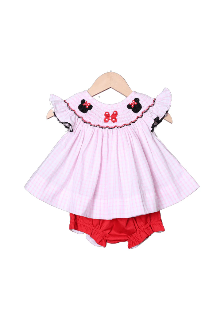 Smocked Mouse and Bow Windowpane Bloomer Set