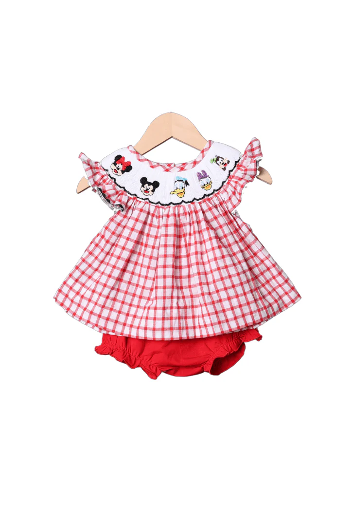 Smocked Mouse and Friends Red Windowpane Bloomer Set