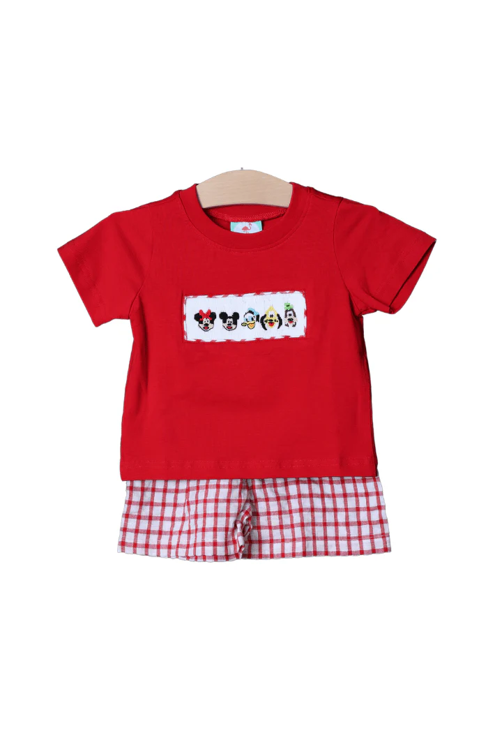 Smocked Mouse and Friends Red Windowpane Short Set