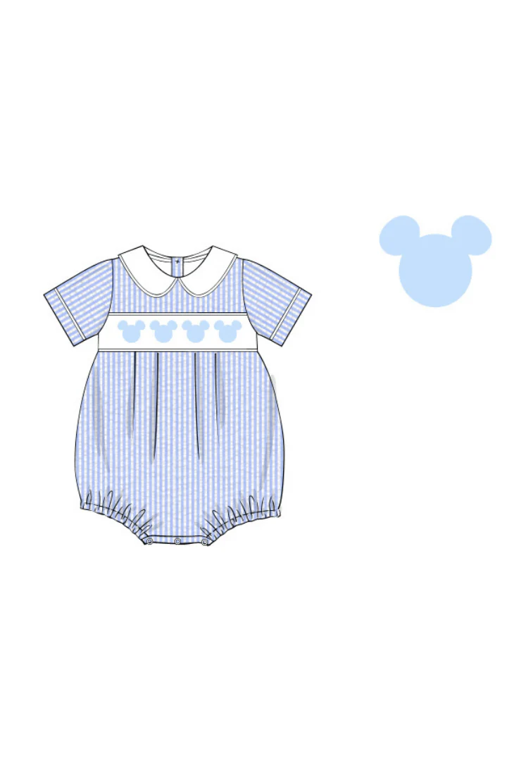 Smocked Mouse Blue Seersucker Short Sleeve Bubble - Image 2