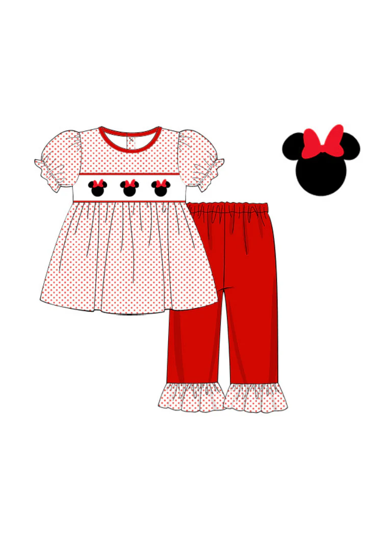 Smocked Mouse Red Bitty Dot Ruffle Pant Set - Image 2