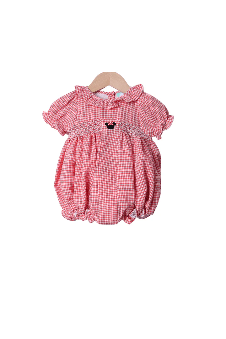 Smocked Mouse Red Seersucker Bubble