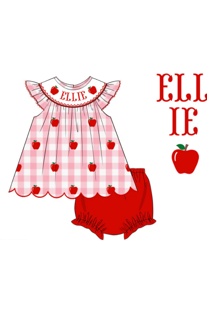 Pre-Order Custom Name Smocked Pink Gingham Apple Bloomer Set