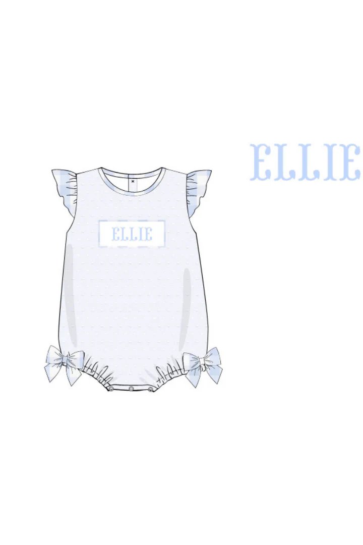 Pre-Order Custom Name Smocked Swiss Dot Blue Bow Bubble