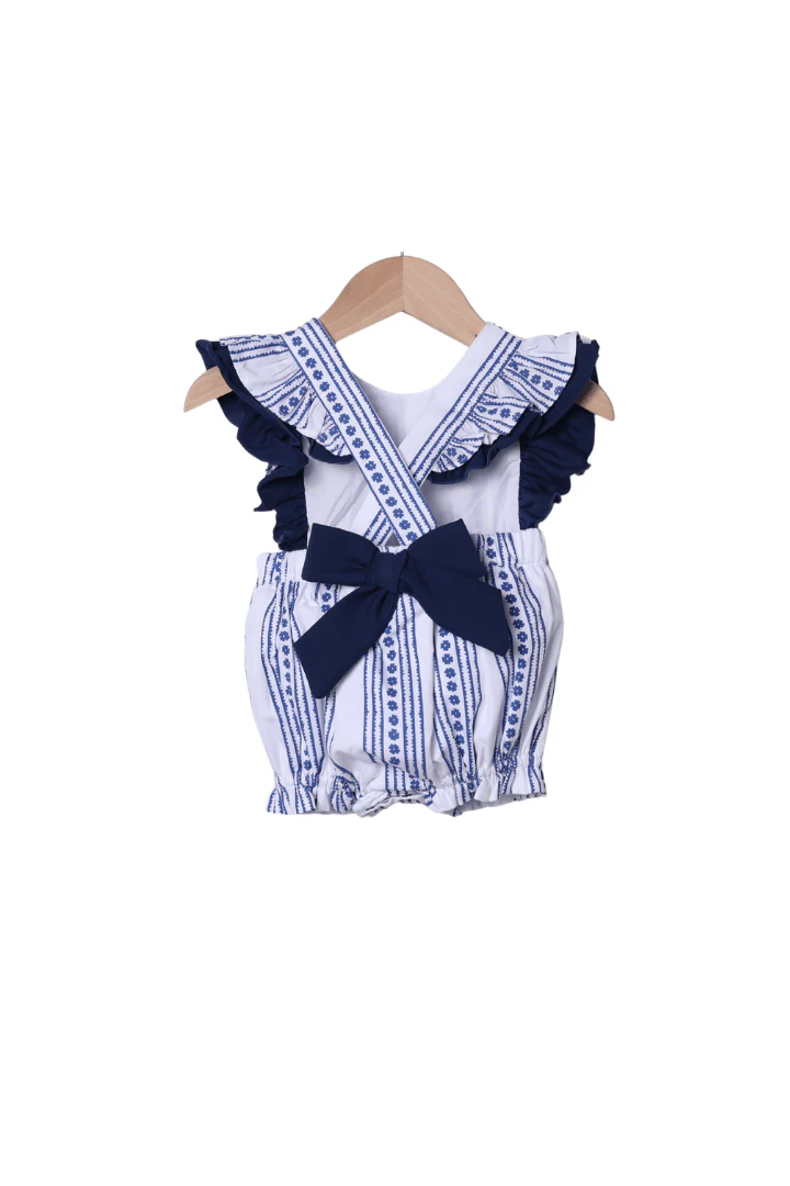 Smocked Navy and White Bow Bubble - Image 2