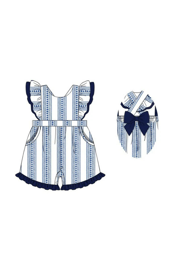 Smocked Navy and White Bow Romper - Image 4