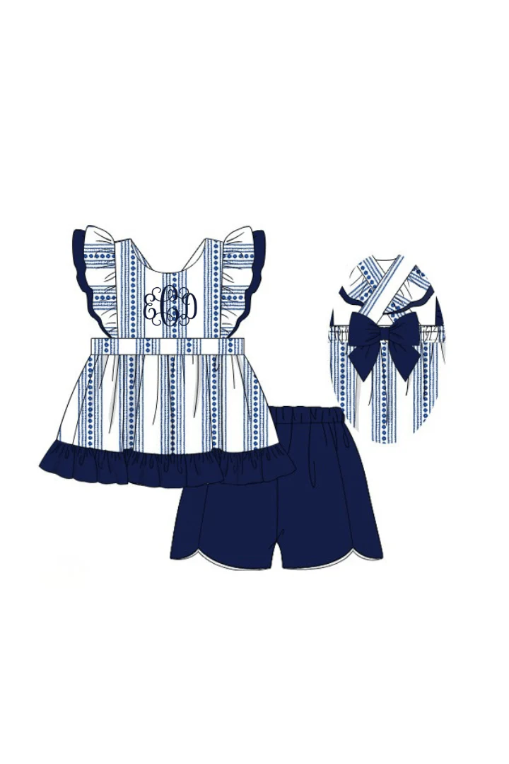 Smocked Navy and White Bow Short Set - Image 4
