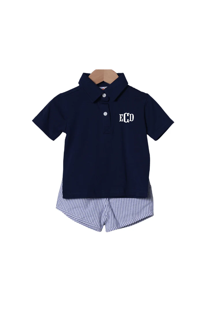 Smocked Navy and White Pinstripe Short Set