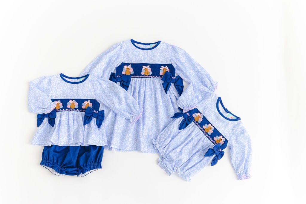 Pre-Order Smocked Navy Blue Floral Turkey Bloomer Set - Image 4