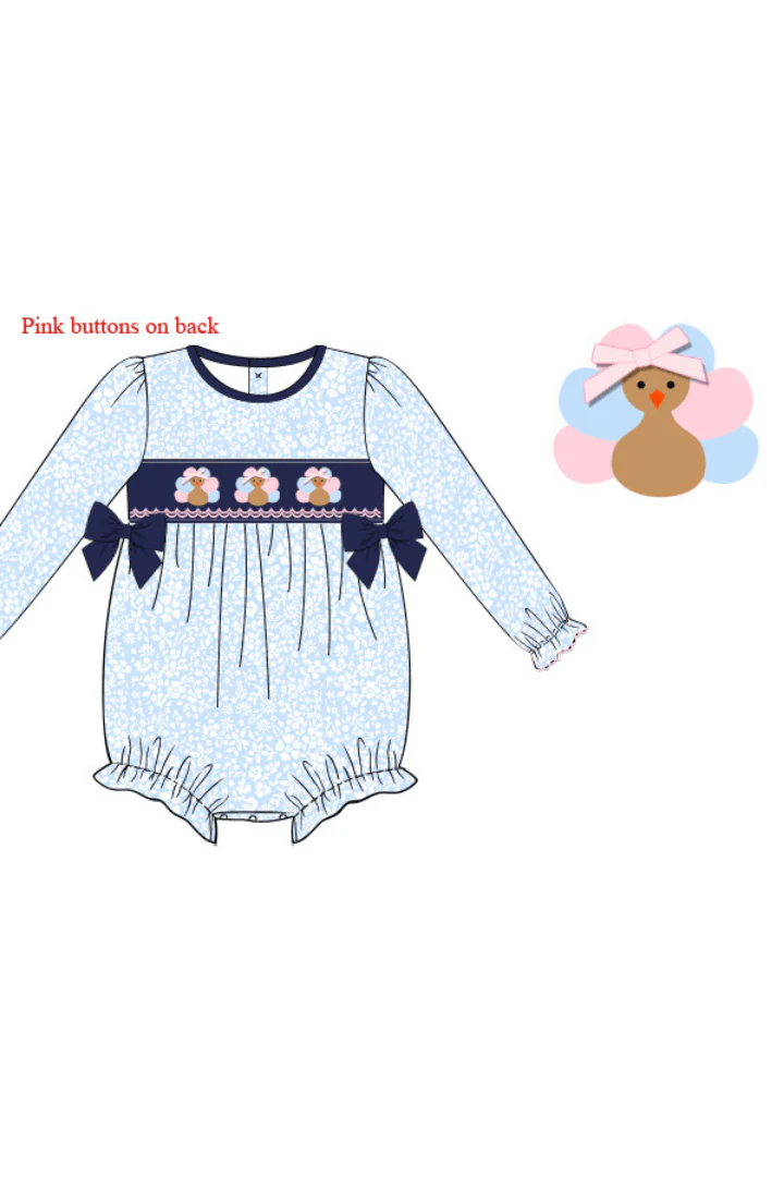 Pre-Order Smocked Navy Blue Floral Turkey Bubble