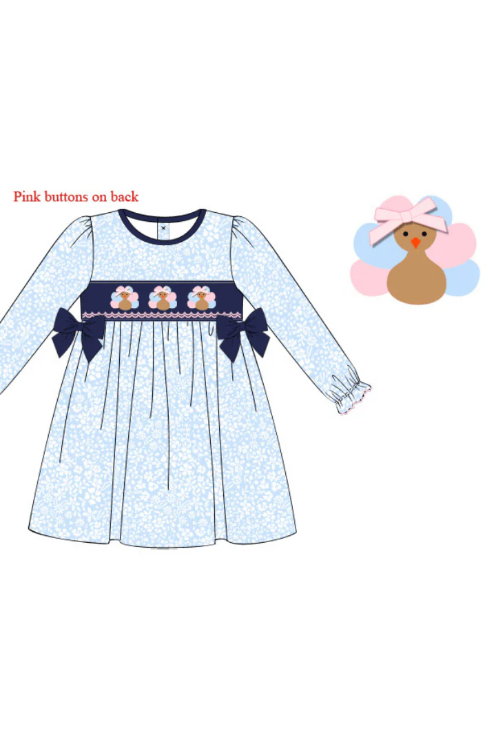 Pre-Order Smocked Navy Blue Floral Turkey Dress