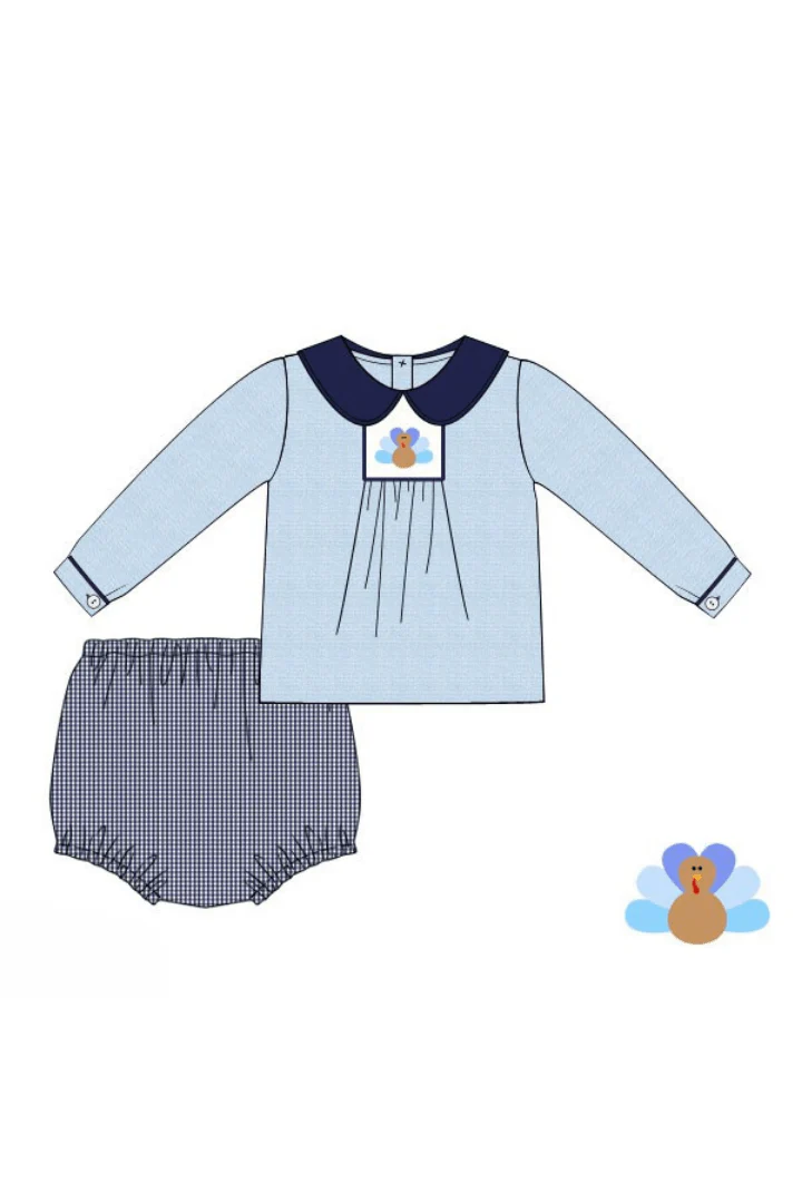 Smocked Navy Blue Gingham Turkey Diaper Set - Image 2