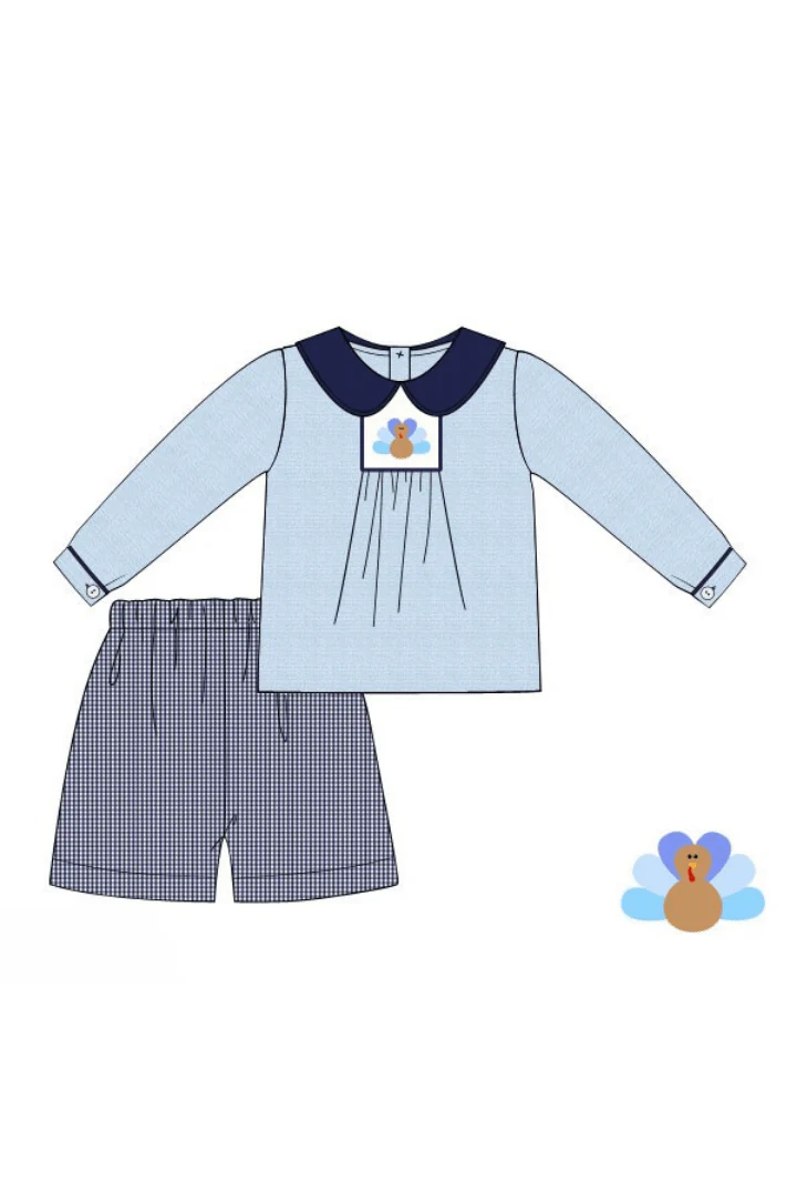 Pre-Order Smocked Navy Blue Gingham Turkey Short Set
