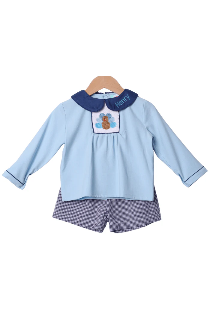 Smocked Navy Blue Gingham Turkey Short Set