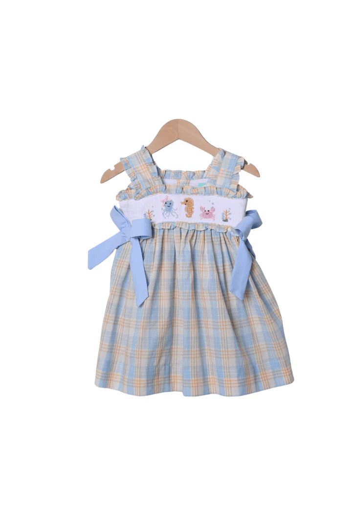 Smocked Ocean Creatures Plaid Bow Dress