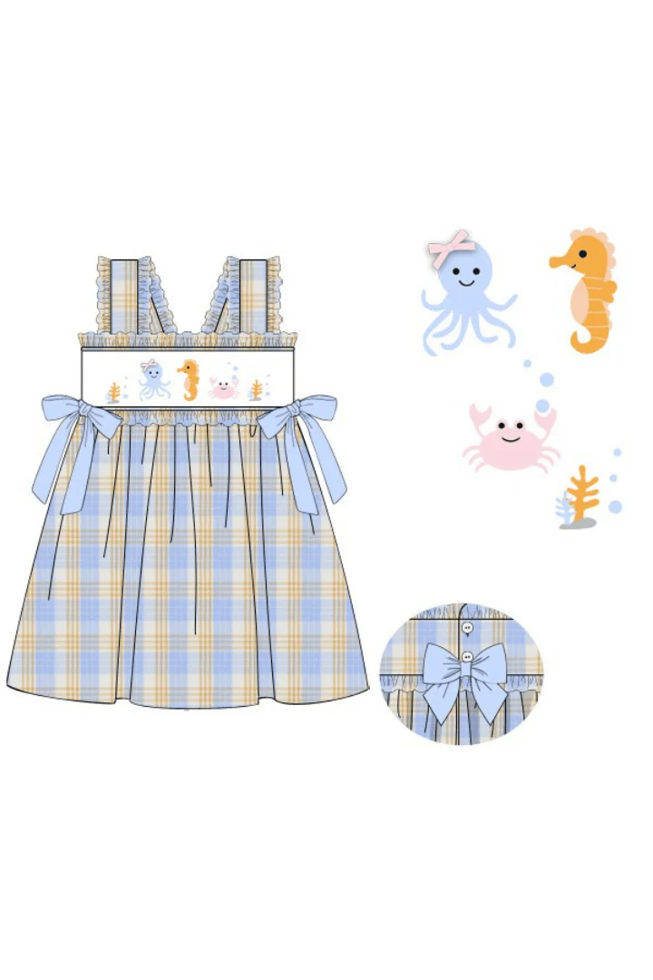 Smocked Ocean Creatures Plaid Bow Dress - Image 3
