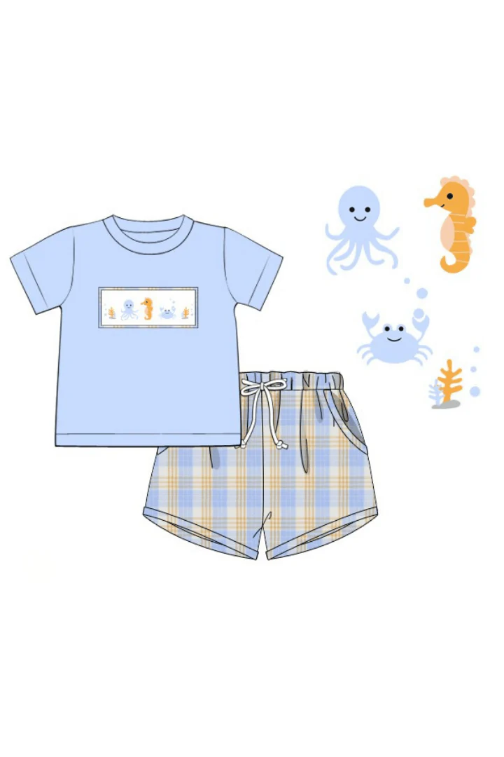 Smocked Ocean Creatures Plaid Short Set - Image 3